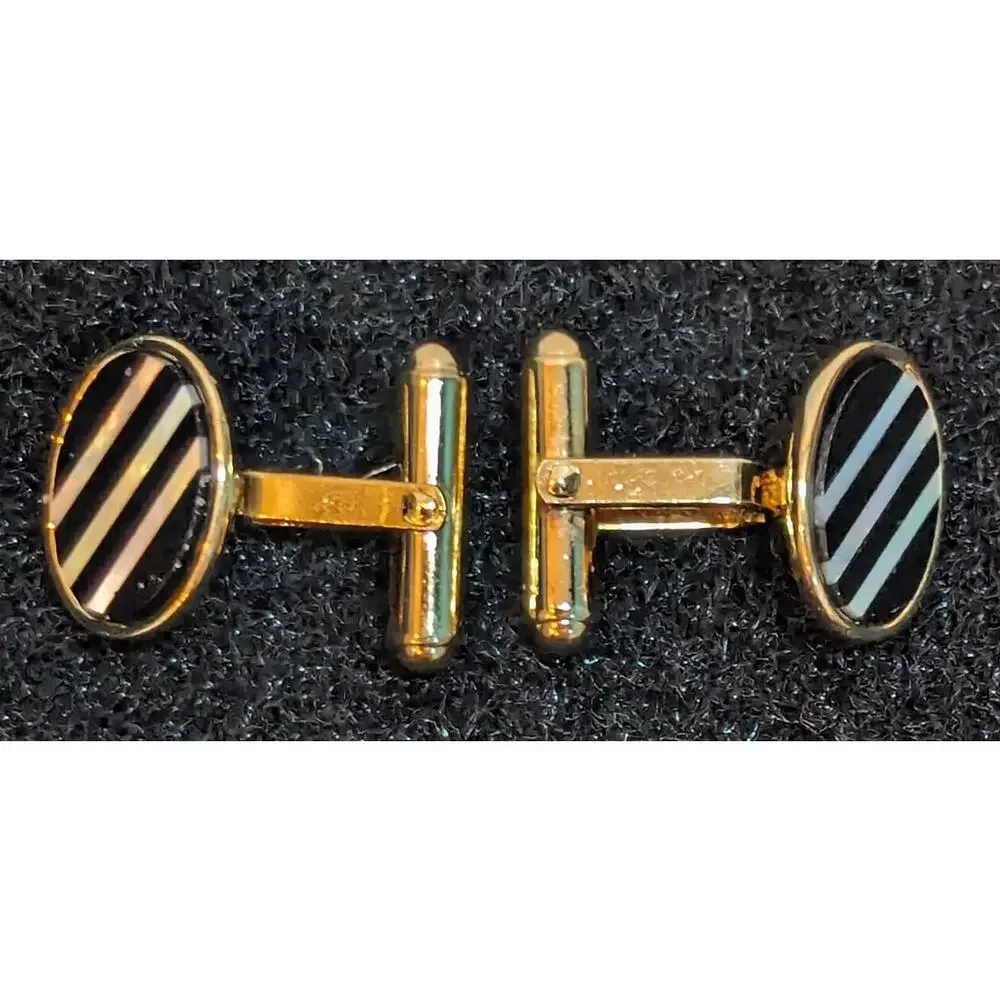 Vintage Cufflinks Black Onyx With Mother Of Pearl Stripes